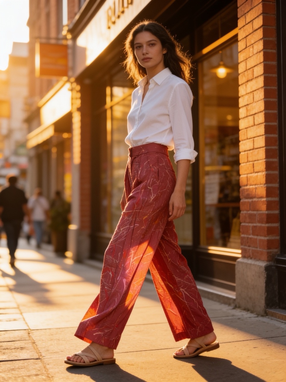 Source Unknown Rust-Red Wide-Leg Printed High-Waist Pants